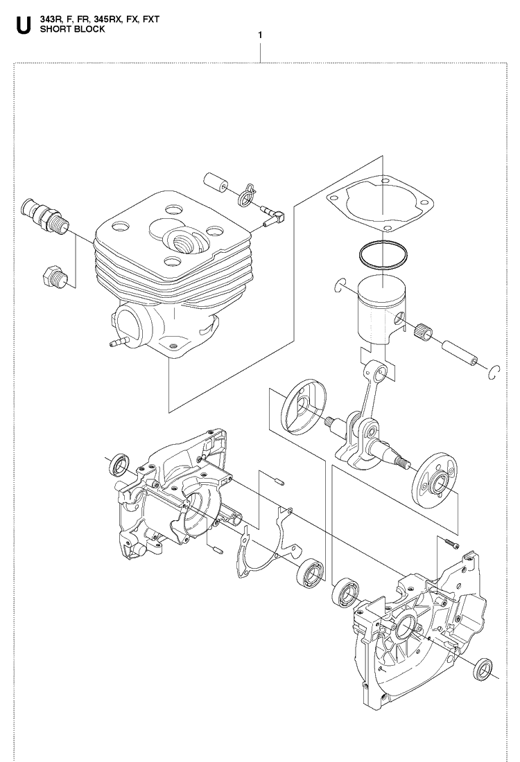 Short Block Diagram and Parts List for 345RX 20103600001-20144899999 Husqvarna Brush Cutter