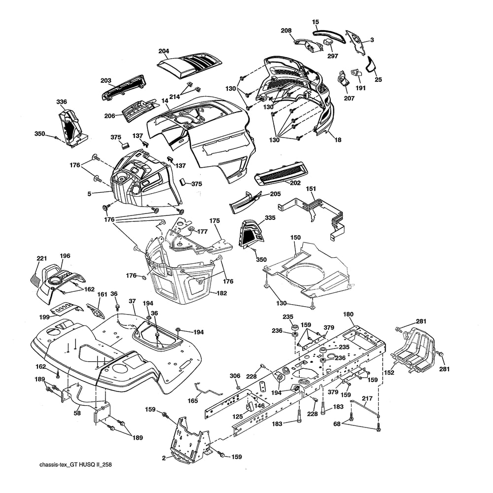 Chassis Diagram and Parts List for 96043026000  Husqvarna Lawn Tractor