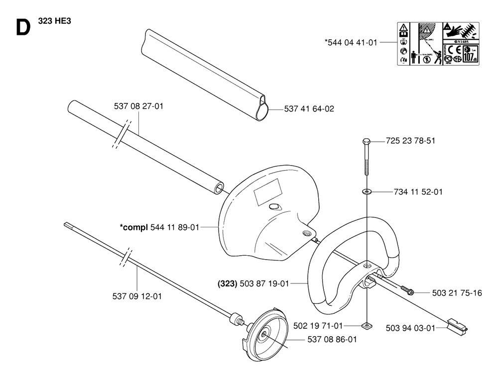 Shaft And Handle 2 Diagram and Parts List for 325HDA55X 20053600001 - 20054000000 Husqvarna Hedge Trimmer