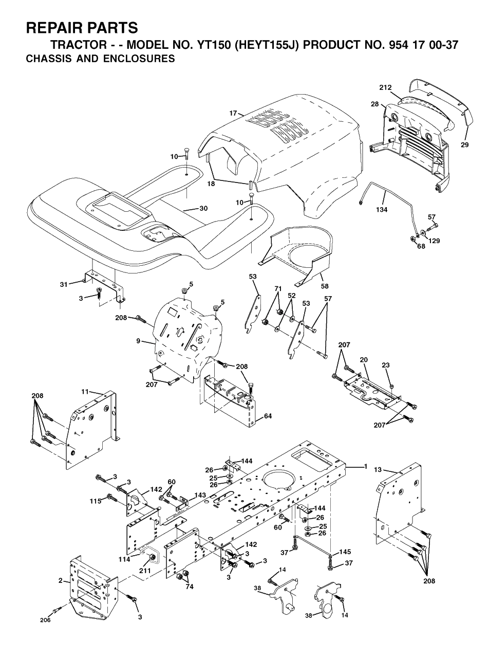 Chassis And Enclosures Diagram and Parts List for YT150 (954170037-J)(2001-09) Husqvarna Lawn Tractor
