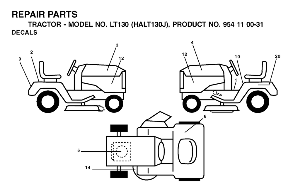 Decals Diagram and Parts List for LT130 (954110031-J)(2003-01) Husqvarna Lawn Tractor