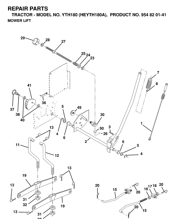 Mower Lift / Deck Lift Diagram and Parts List for YTH180 (HEYTH180A)(1998-12) Husqvarna Lawn Tractor