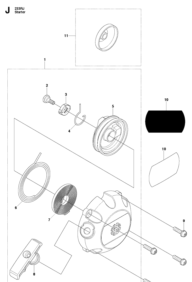 Starter Diagram and Parts List for 233RJ 20090100001-20112700000 Husqvarna Brush Cutter