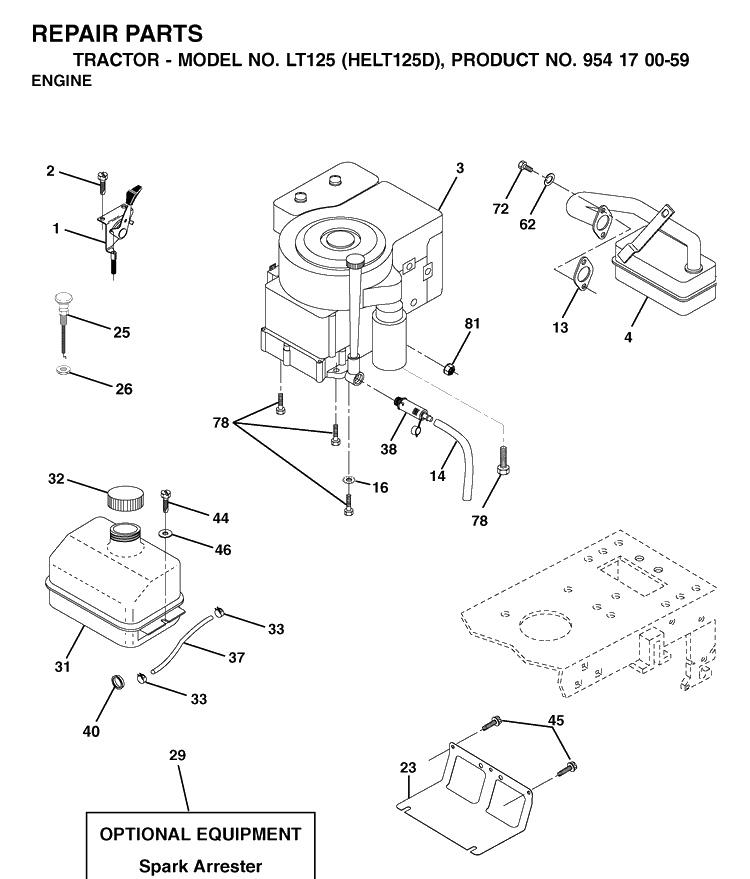 Engine Diagram and Parts List for LT125 (HELT125D)(2002-06) Husqvarna Lawn Tractor