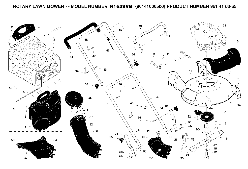 Frame And Engine Diagram and Parts List for R152SVB (96141006500, 961410065)(2006-02) Husqvarna Lawn Mower
