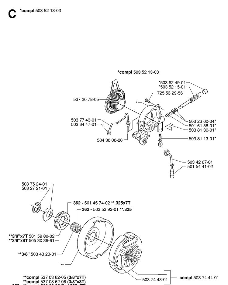 Clutch And Oil Pump Diagram and Parts List for 362XP 20070100001-Current Husqvarna Chainsaw