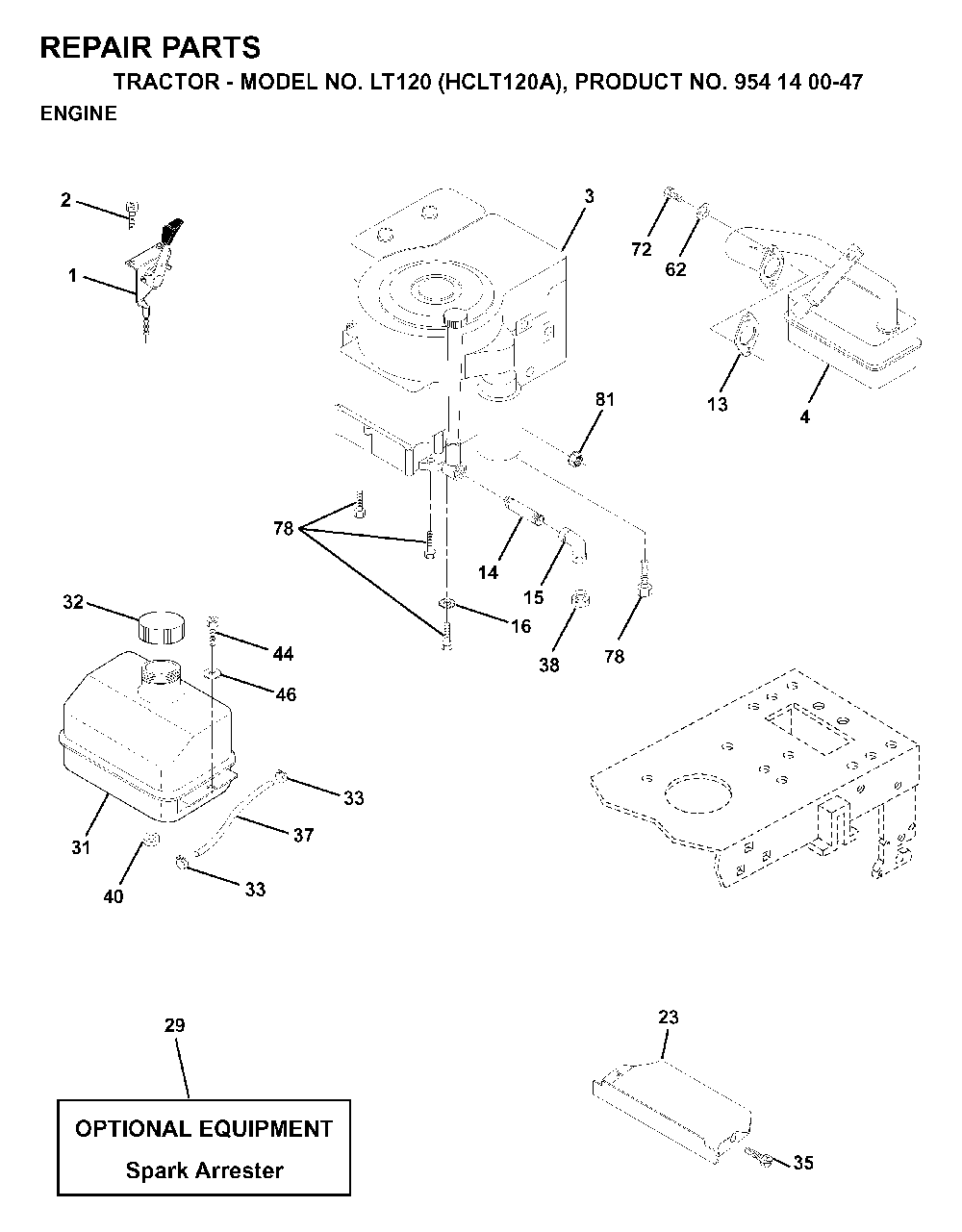Engine Diagram and Parts List for LT120 (HCLT120A, 954140047)(1998-01) Husqvarna Lawn Tractor