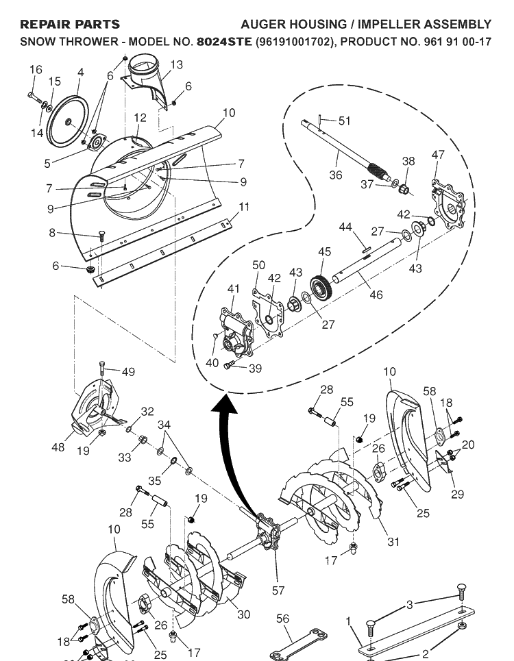 Auger Housing And Impeller Diagram and Parts List for 8024STE (96191001702)(2007-10) Husqvarna Snow Blower