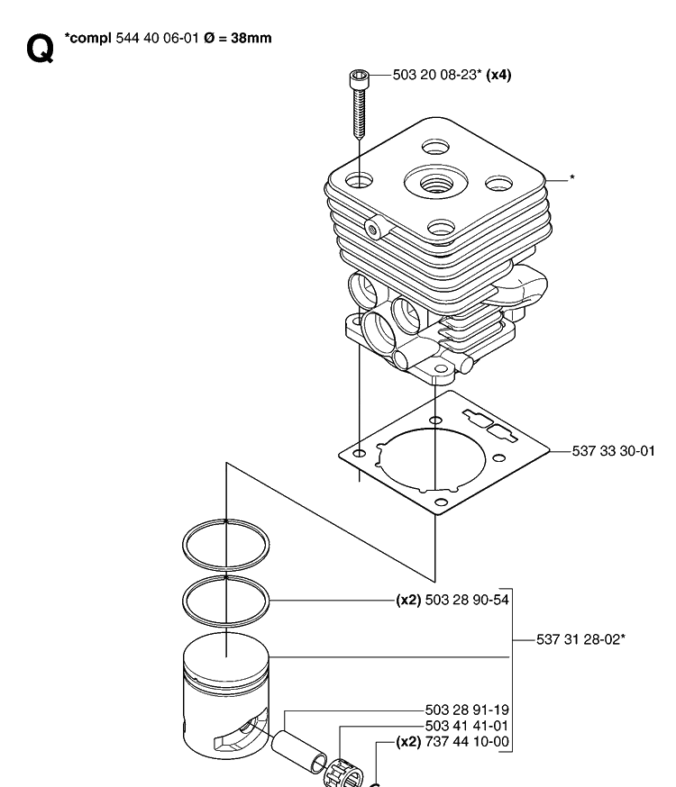 Cylinder Piston Diagram and Parts List for 335LS 20070100001-Current Husqvarna Edger