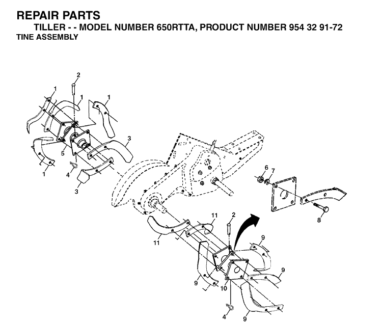 Tine Assembly Diagram and Parts List for 650RTT (954329172)(2003-01) Husqvarna Cultivator