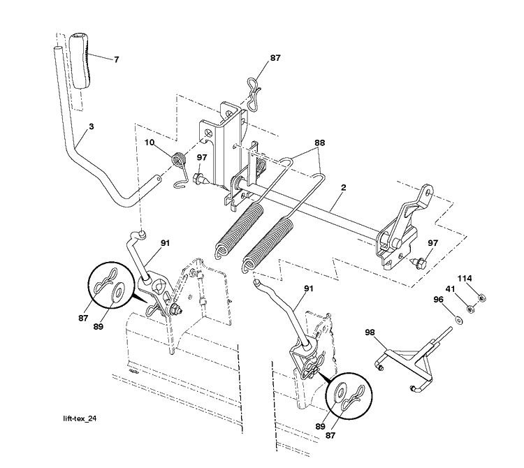 Mower Lift Lever Diagram and Parts List for YTH24V48LS (96043011603)(2011-08) Husqvarna Lawn Tractor