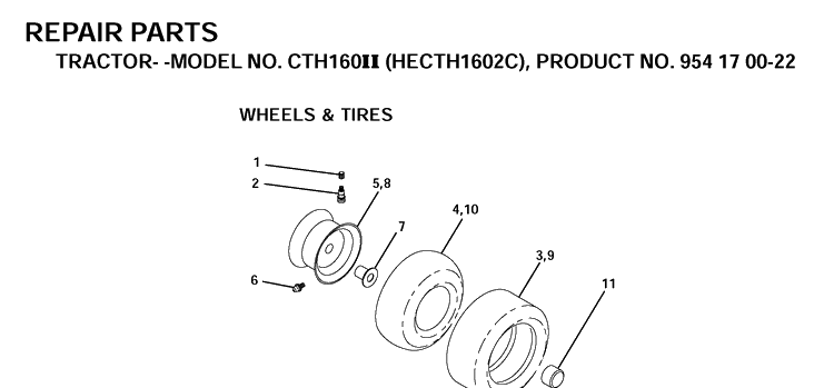 Wheels And Tires Diagram and Parts List for CTH160II (HECTH1602C)(2001-02) Husqvarna Lawn Tractor