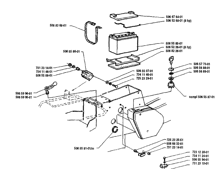 Battery Housing Diagram and Parts List for RIDER8508 1990-02 Husqvarna Lawn Mower
