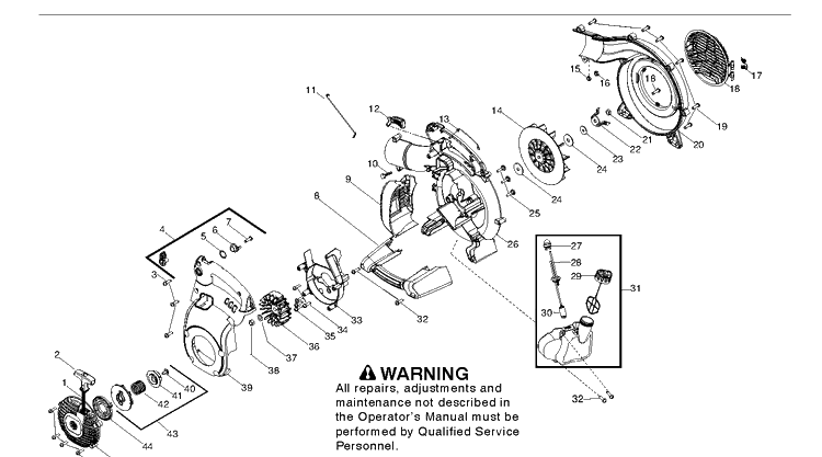 Housing Diagram and Parts List for 125BX 952715645 Husqvarna Leaf Blower / Vacuum