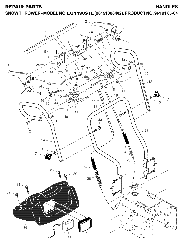 Handle Diagram and Parts List for 1130STE (96191000402)(2007-01) Husqvarna Snow Blower