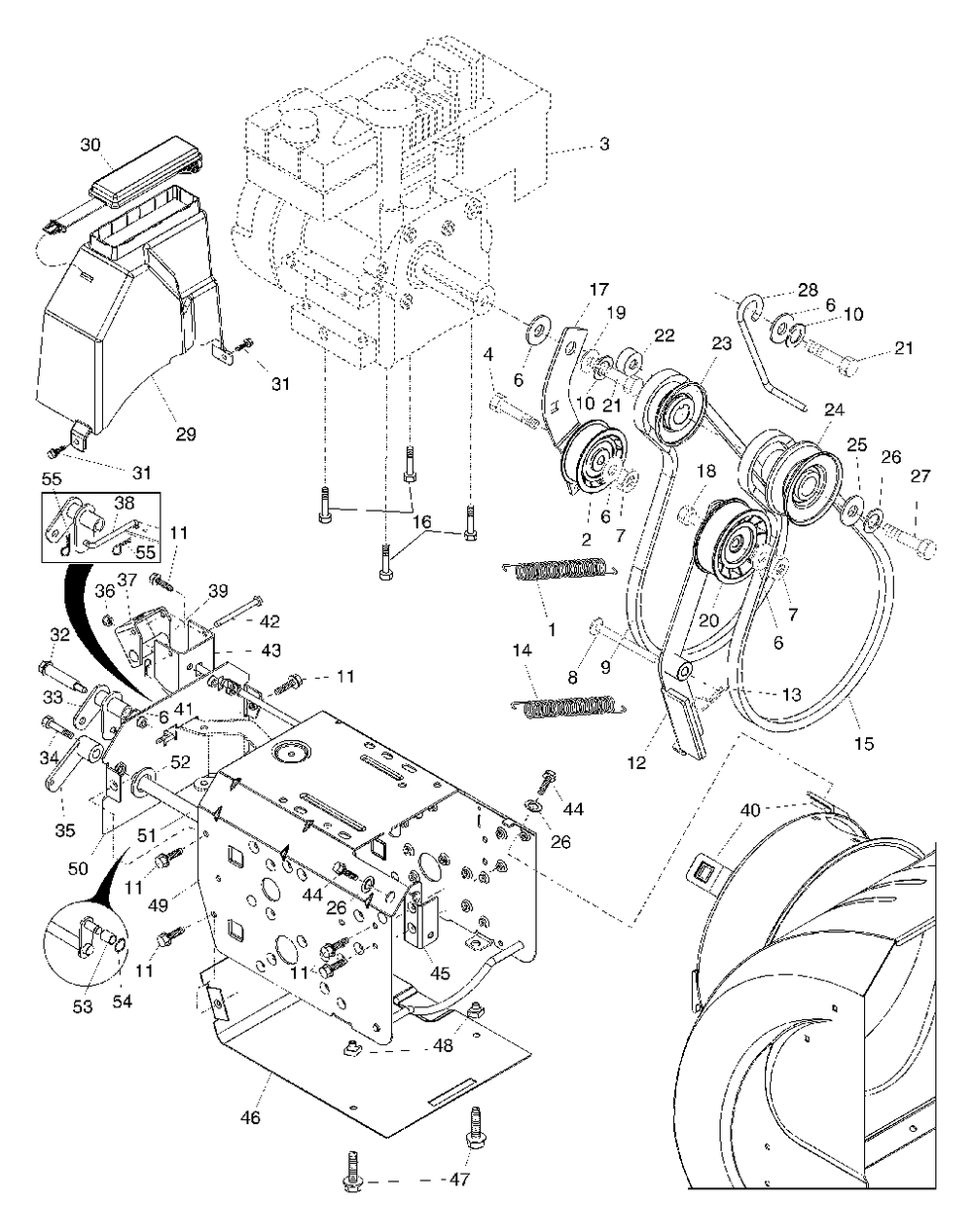 Chassis / Engine / Pulleys Diagram and Parts List for 9027ST (954223074-A)(2002-09) Husqvarna Snow Blower