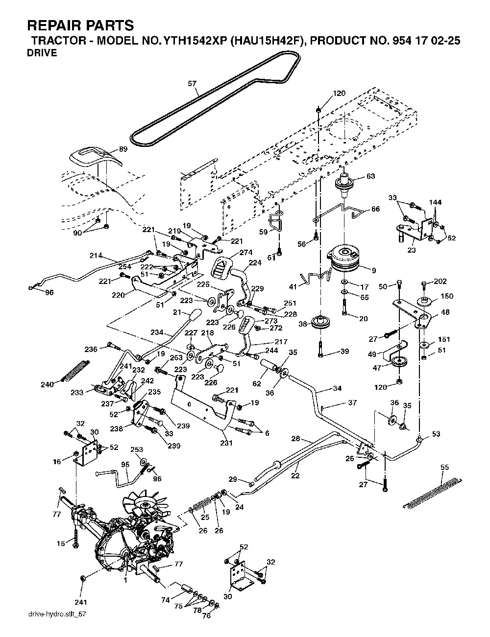 Drive Diagram and Parts List for YTH1542XP (HAU15H42F, 954170225)(2004-09) Husqvarna Lawn Tractor