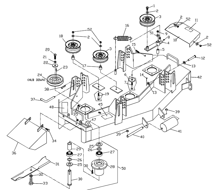 42 Deck Assembly Diagram and Parts List for ZTH4217A (539104770-01)(2000-03) Husqvarna Lawn Mower