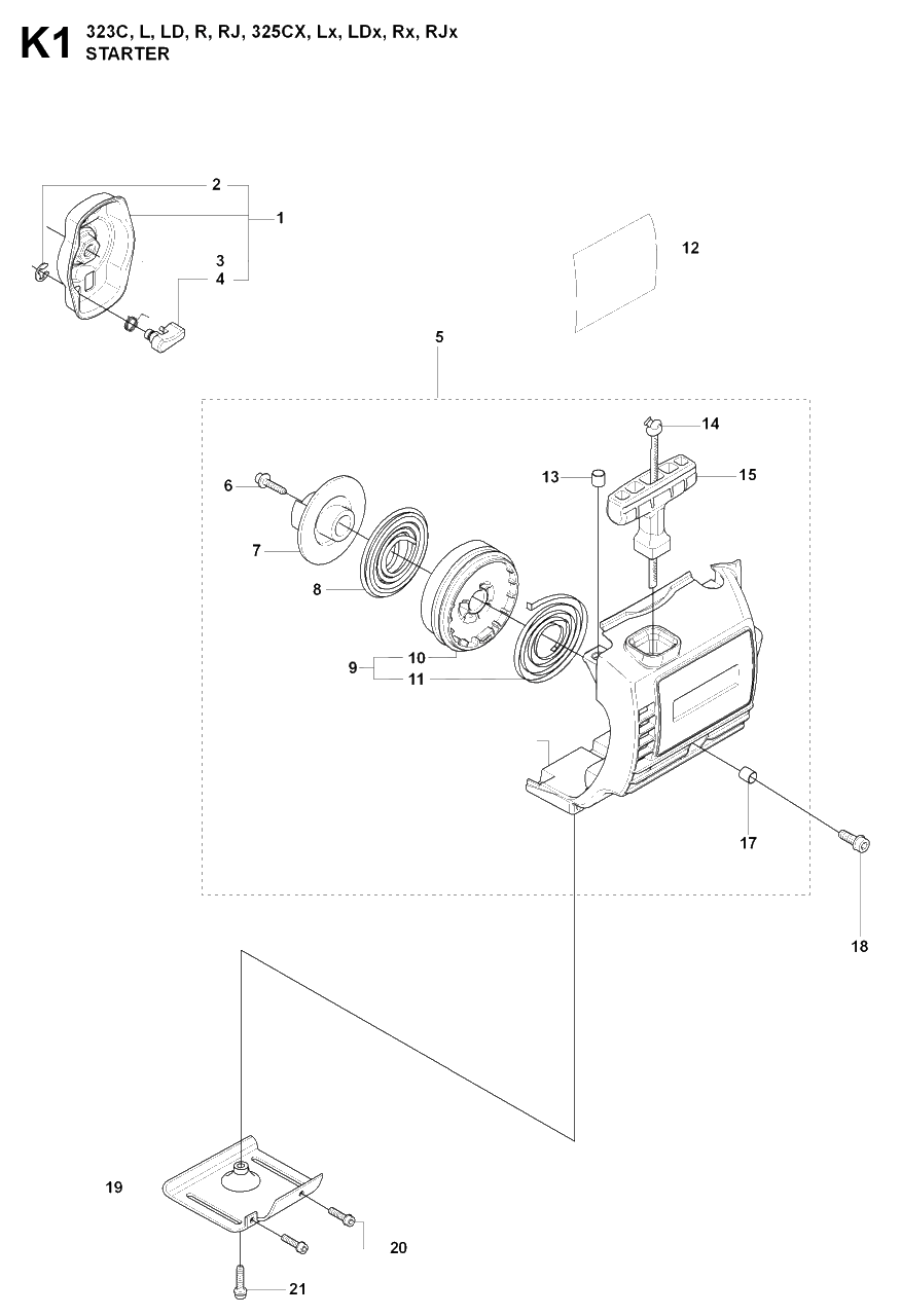 Starter Diagram and Parts List for 325CX 20080900001 & Above Husqvarna Trimmer