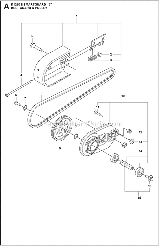 Belt Guard And Pulley Diagram and Parts List for K1270II  Husqvarna Concrete Saw