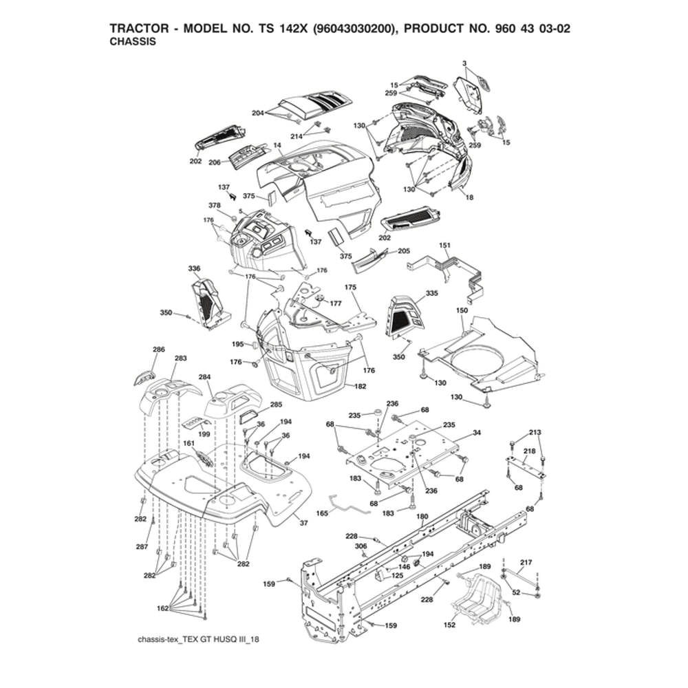 Chassis Parts Diagram and Parts List for 96043030200  Husqvarna Lawn Tractor