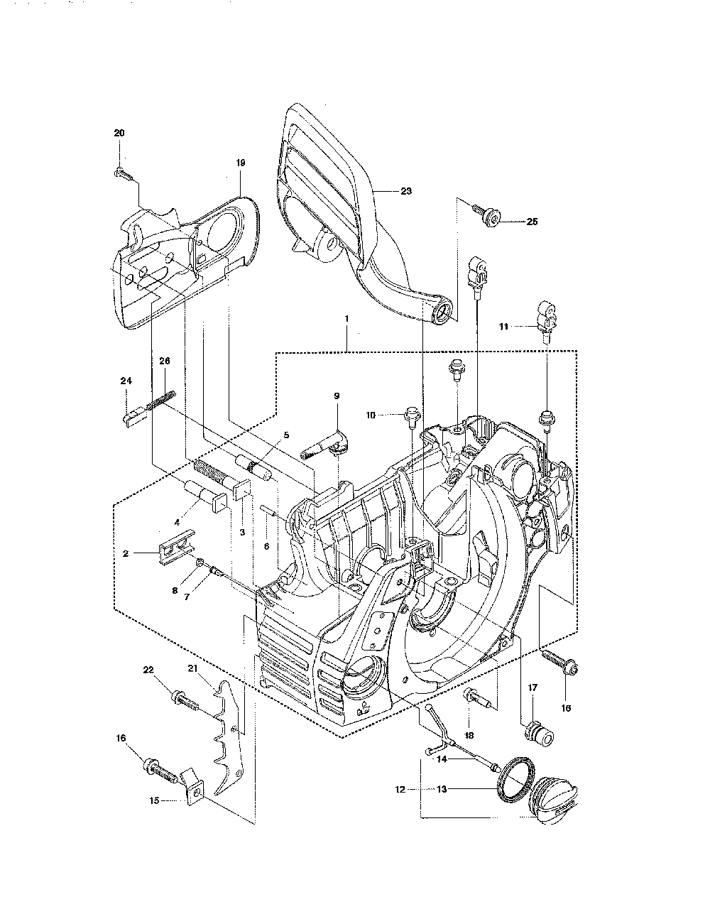 Crankcase Diagram and Parts List for 967166101  Husqvarna Chainsaw
