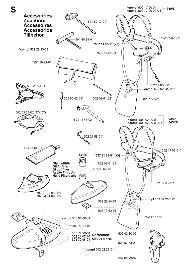 Accessories Diagram and Parts List for 245 20010100001-Current Husqvarna Brush Cutter