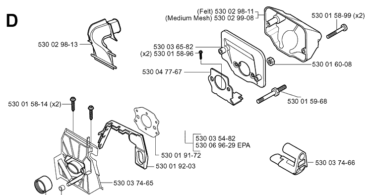 Carburetor And Air Filter Diagram and Parts List for 141 20013500001-20030100000 Husqvarna Chainsaw
