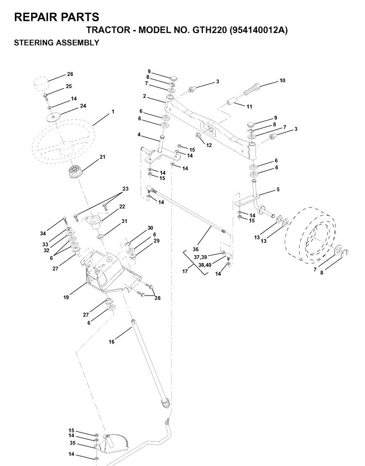 Steering Diagram and Parts List for GTH220 (954140012A)(1997-01) Husqvarna Lawn Tractor