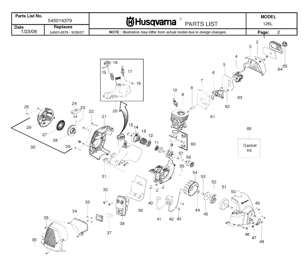 Engine Diagram and Parts List for 125L 20082200001 & Above Husqvarna Trimmer