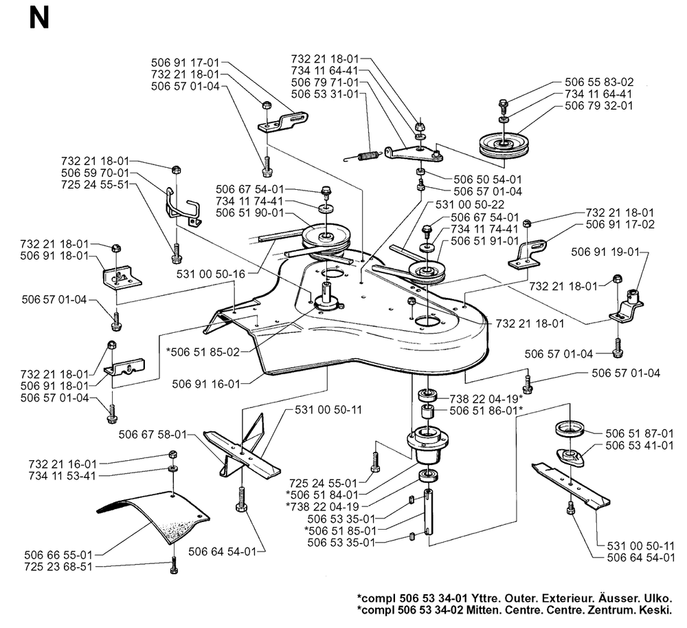 85cm Cutting Deck Diagram and Parts List for R850 1997-03 Husqvarna Lawn Tractor