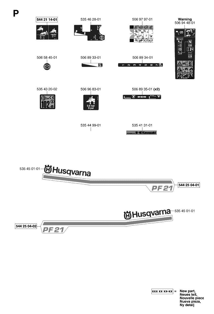 Decals Diagram and Parts List for PF21 (965097001)(2007-03) Husqvarna Lawn Tractor