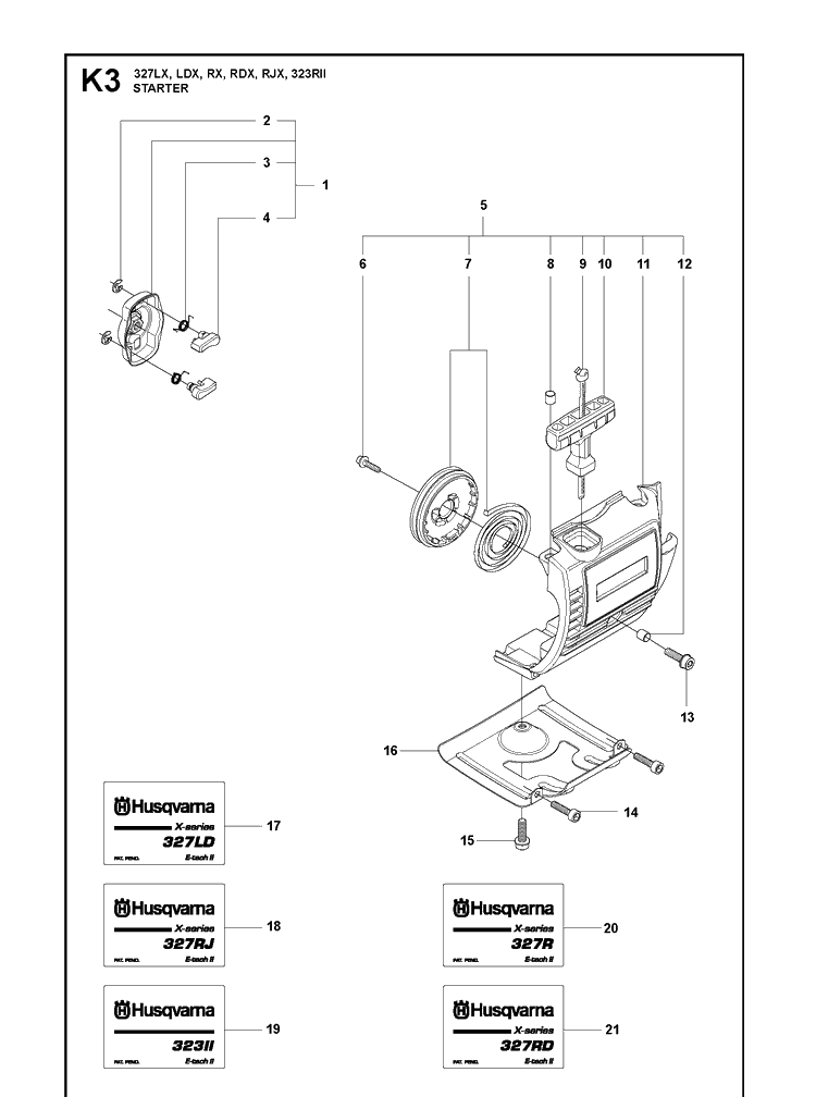 Starter Diagram and Parts List for 327LDX 20120100001-Current Husqvarna Edger