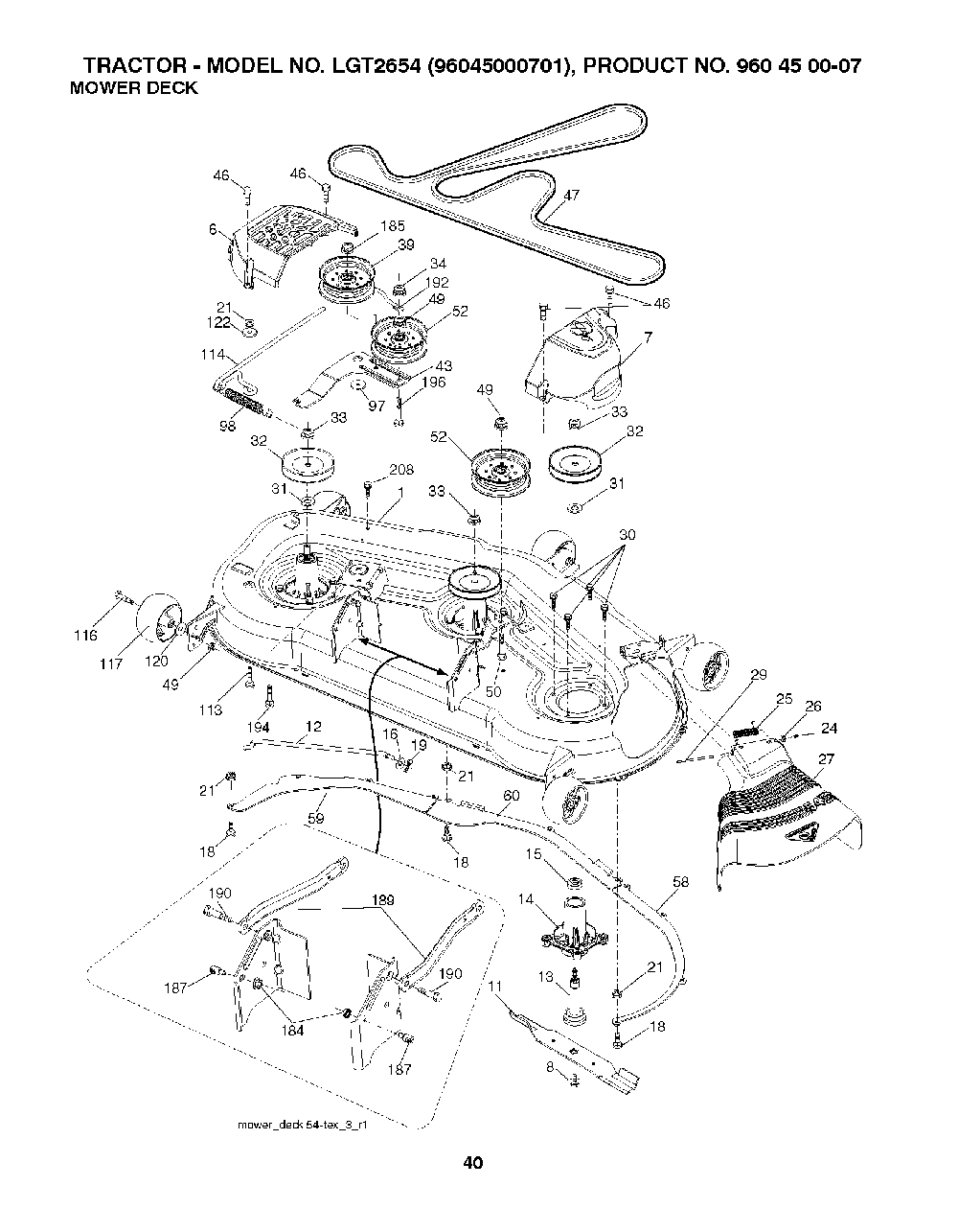 Mower Deck / Cutting Deck Diagram and Parts List for LGT265496045000701 2008-01 Husqvarna Lawn Tractor