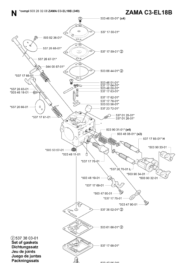 Carburetor Details 2 Diagram and Parts List for 340E 20051800001-20062300000 Husqvarna Chainsaw