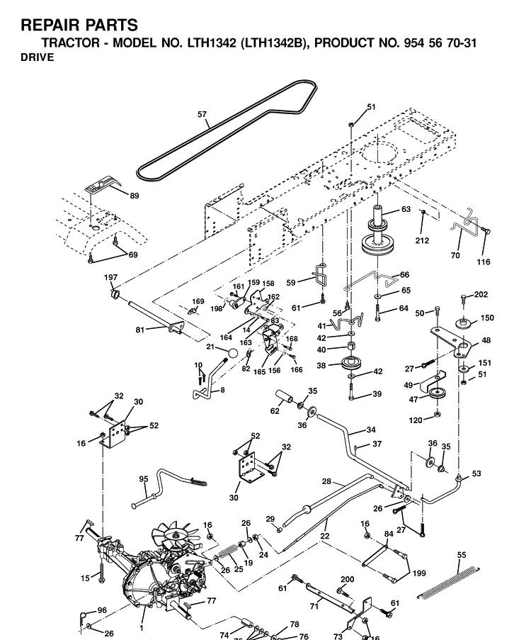 Drive Diagram and Parts List for LTH1342-LTH1342B 2000-12 Husqvarna Lawn Tractor
