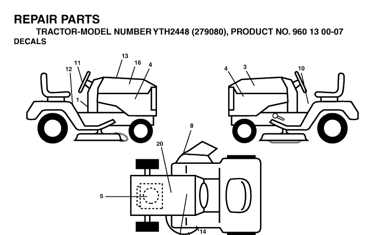 Decals Diagram and Parts List for YTH2448-279080 2004-12 Husqvarna Lawn Tractor