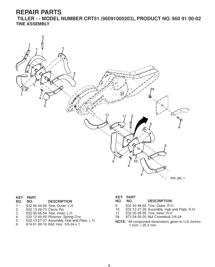 Tine Assembly Diagram and Parts List for CRT51 (96091000203)(2007-02) Husqvarna Cultivator