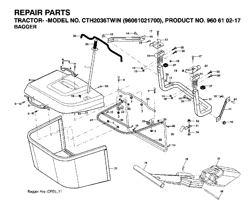 Bagger Diagram and Parts List for CTH2036TWIN (96061021700, 960610217)(2007-04) Husqvarna Lawn Tractor