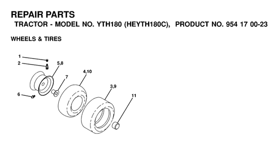 Wheels And Tires Diagram and Parts List for YTH180 (954170023-C)(2000-03) Husqvarna Lawn Tractor