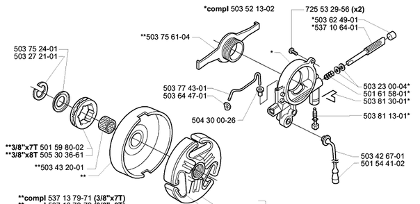 Clutch / Drum / Oil Pump Diagram and Parts List for 385EPA 2003-10 Husqvarna Chainsaw