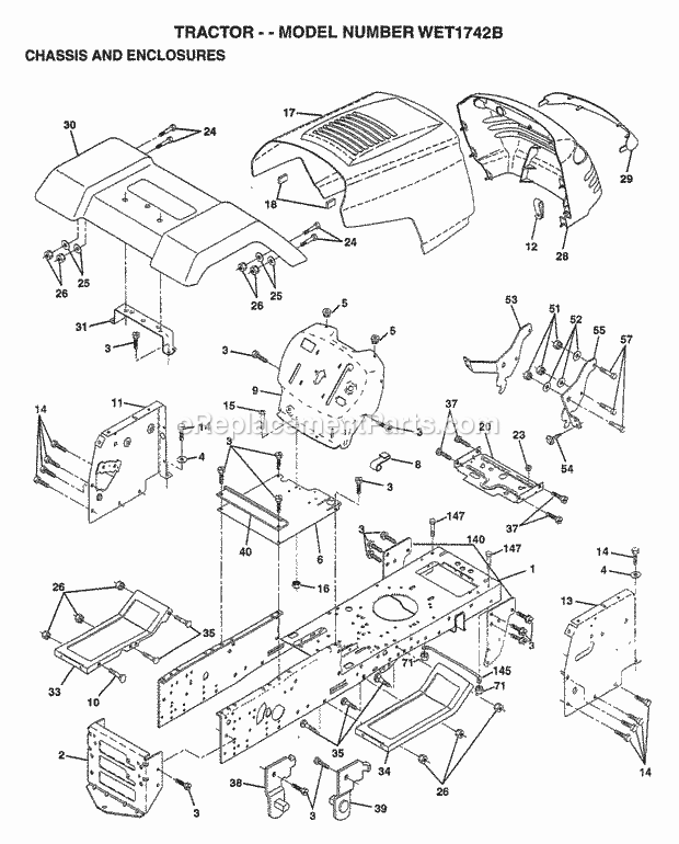 Chassis And Enclosures Diagram and Parts List for WET1742B 1997 Husqvarna Lawn Tractor
