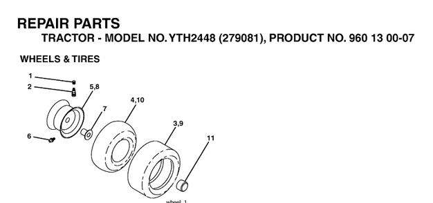 Wheels And Tires Diagram and Parts List for YTH2448-279081 2005-08 Husqvarna Lawn Tractor