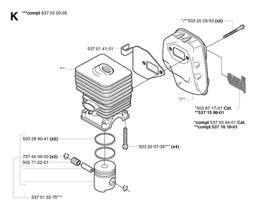 Cylinder, Piston And Muffler Diagram and Parts List for 325E 20020900001-Current Husqvarna Edger