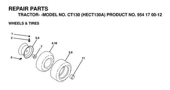 Wheels And Tires Diagram and Parts List for CT130 (954170012-A)(1999-03) Husqvarna Lawn Tractor