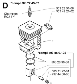 Cylinder Piston Diagram and Parts List for 225L 19970500001-20004000000 Husqvarna Edger