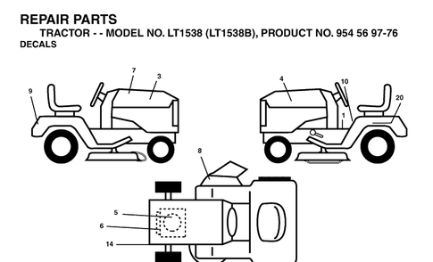 Decals Diagram and Parts List for LT1538-LT1538B 2002-11 Husqvarna Lawn Tractor