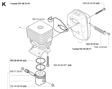 Cylinder Piston Diagram and Parts List for 326EX 20010900001-20020500000 Husqvarna Edger
