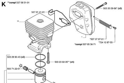 Cylinder, Piston And Muffler Diagram and Parts List for HA110 20040100001-20054000000 Husqvarna Hedge Trimmer