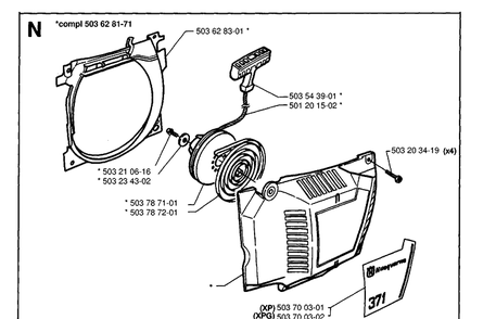 Starter Diagram and Parts List for 371XP 19954900001-19960900000 Husqvarna Chainsaw